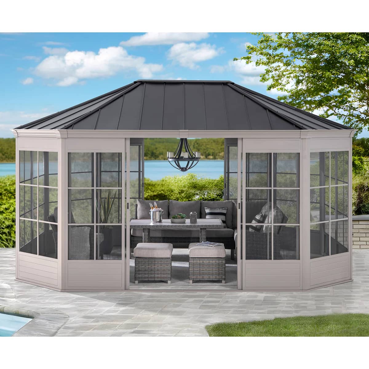 Sunjoy 12' x 16' Cape Blue Hardtop Screenhouse, Tan