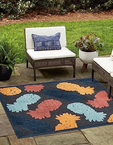 Unique Loom Belize Outdoor Collection Area Rug - Turneffe (7' 10" Square, Black/ Rust Red)