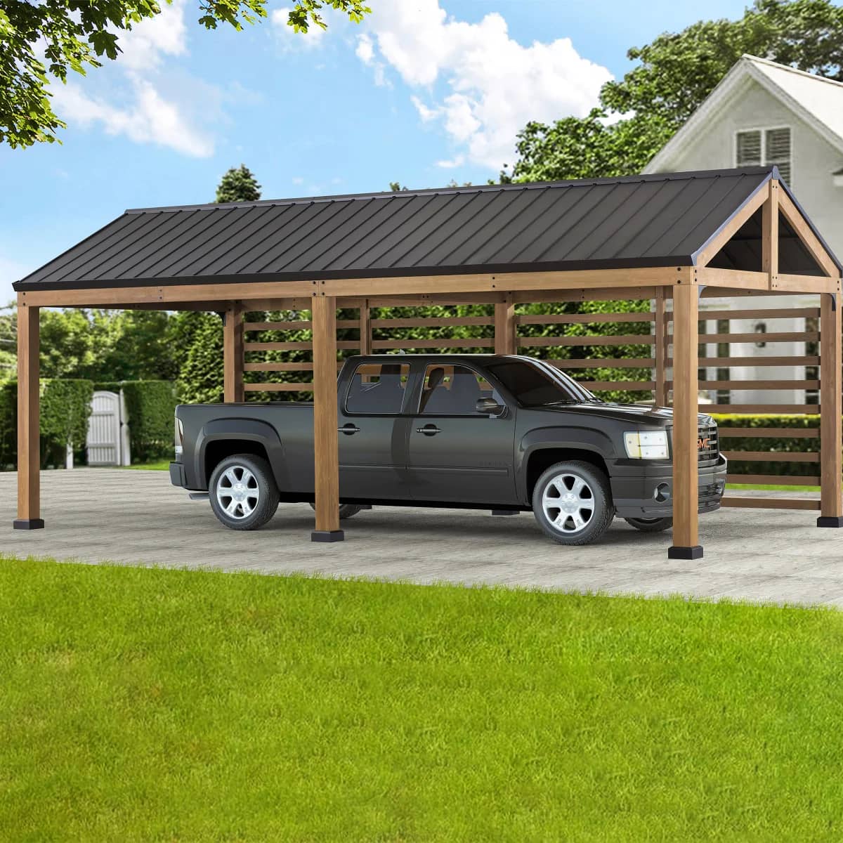 Sunjoy Newville Wood Carport with Privacy Wall and Rain Gutter, 10 ft. x 20 ft.