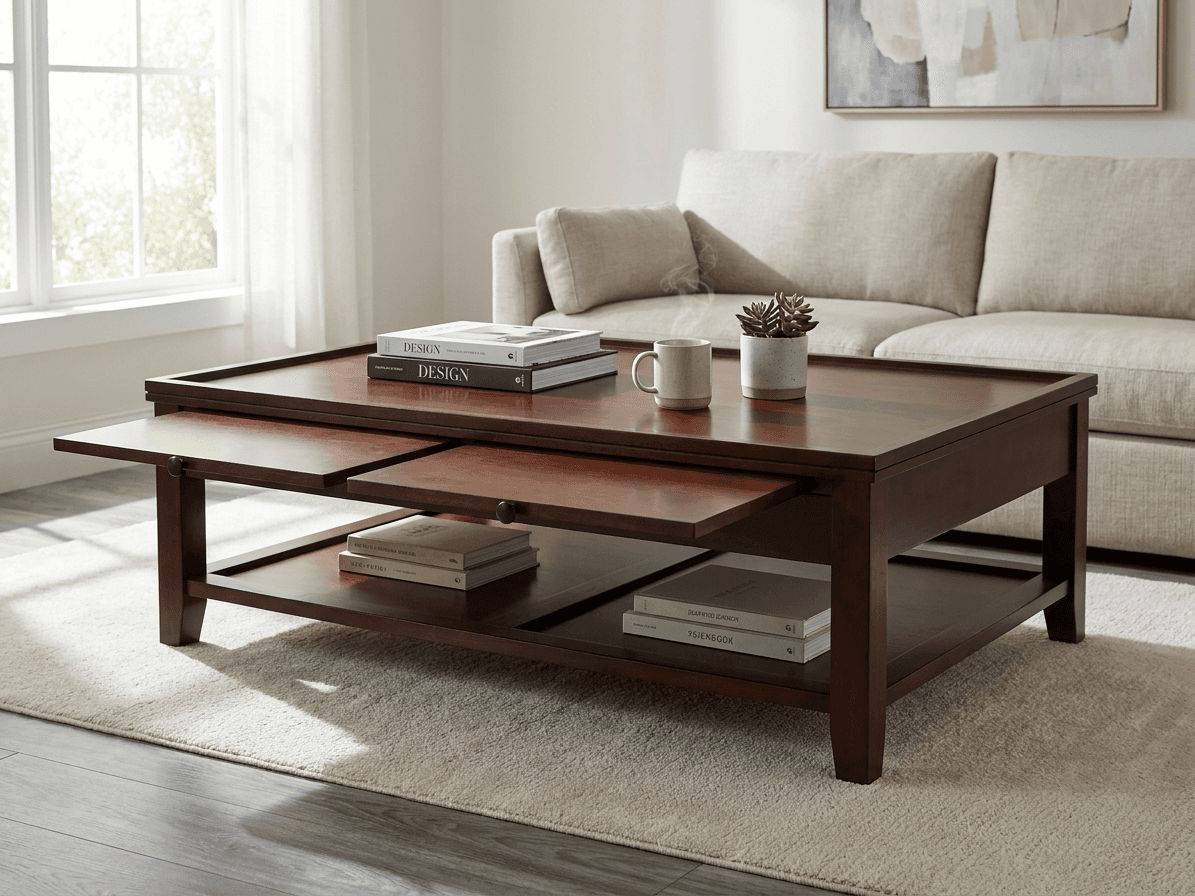 Dark Wood Coffee Table with Built-In Pull-Out Tray