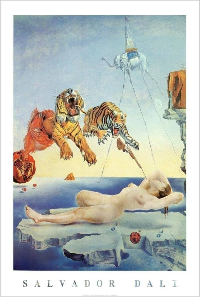 Dream Caused by The Flight of a Bee a Second Before Awakening by Salvador Dali 36x24 Art Print Poster Museum Master Famous Painting Tigers Nude Woman Elephant Gun