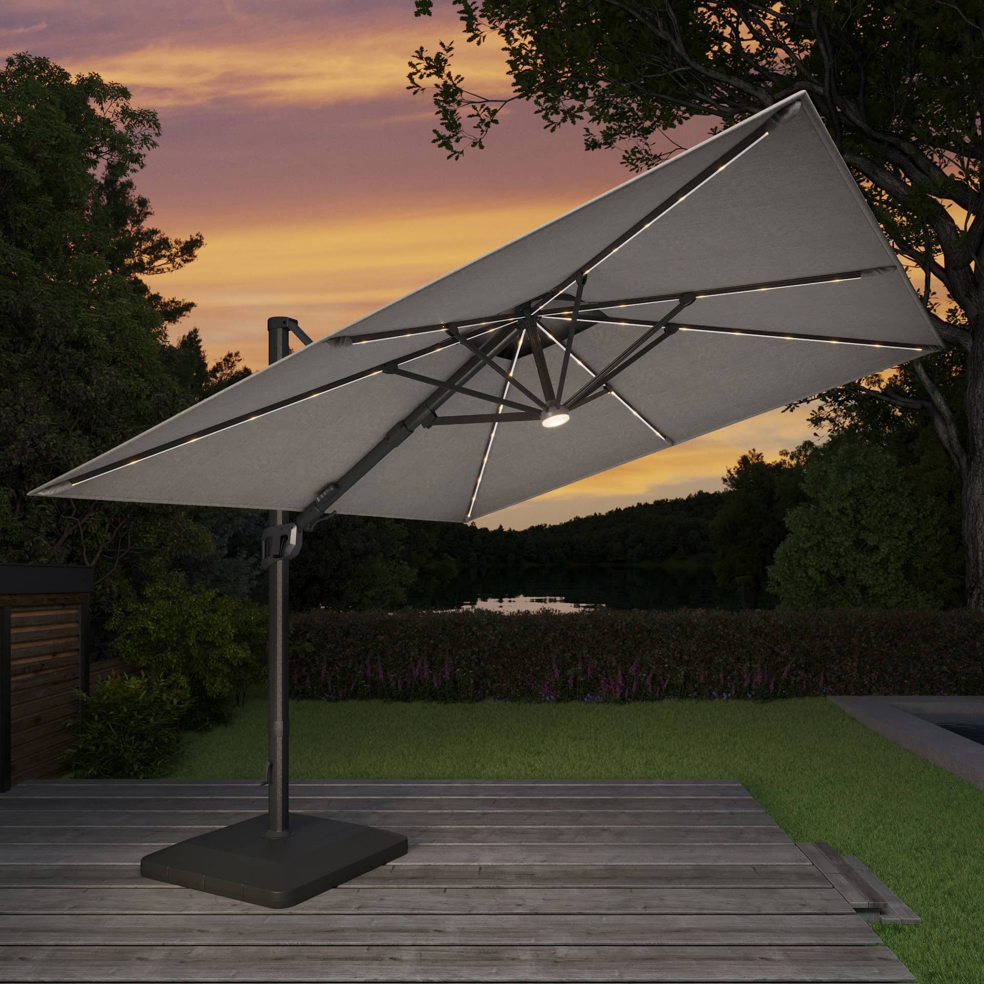 Seasons Sentry 10' Square 2-Tier Solar LED Aluminum Cantilever Umbrella With Base