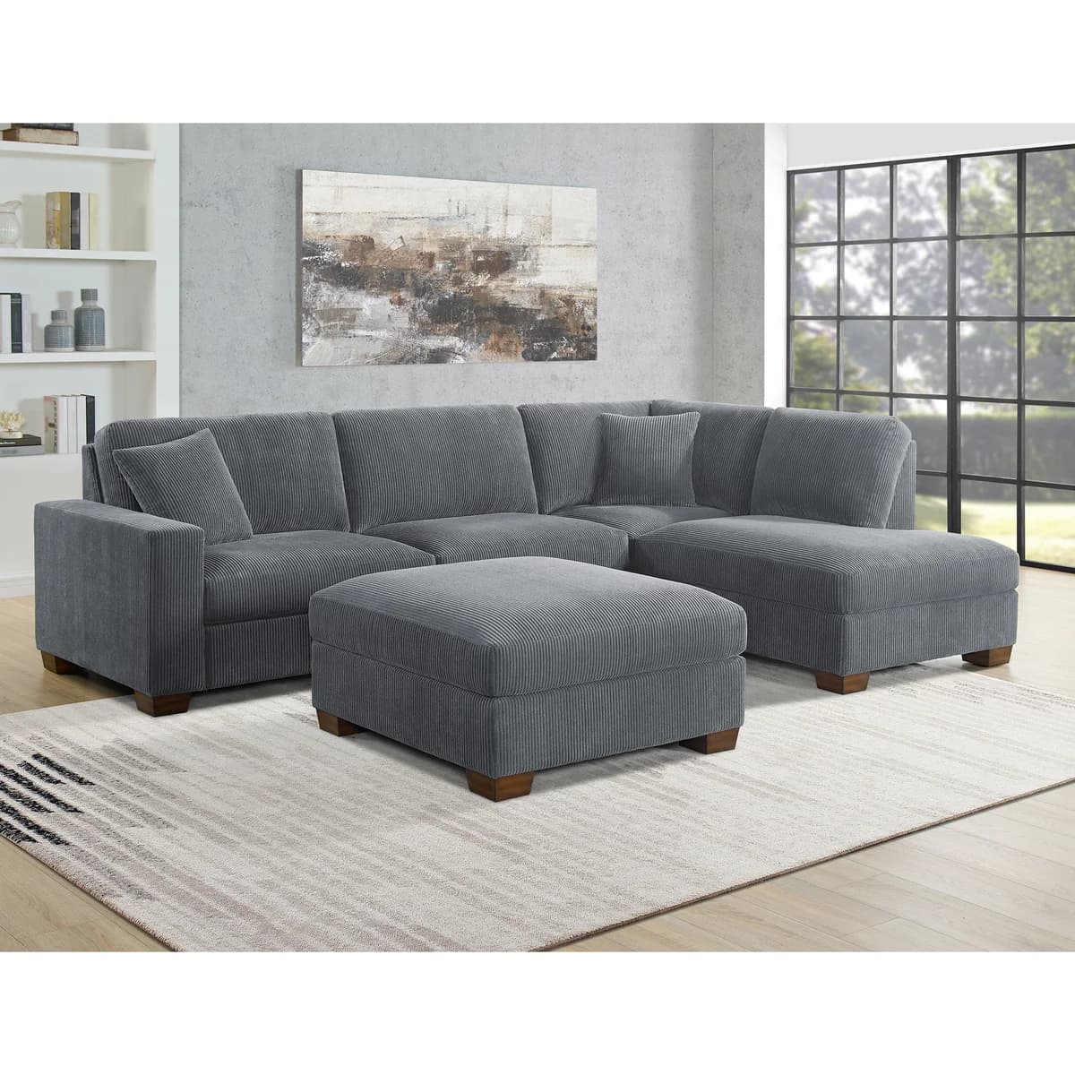 Thomasville Artesia Corduroy Fabric Sectional with Ottoman, Gray