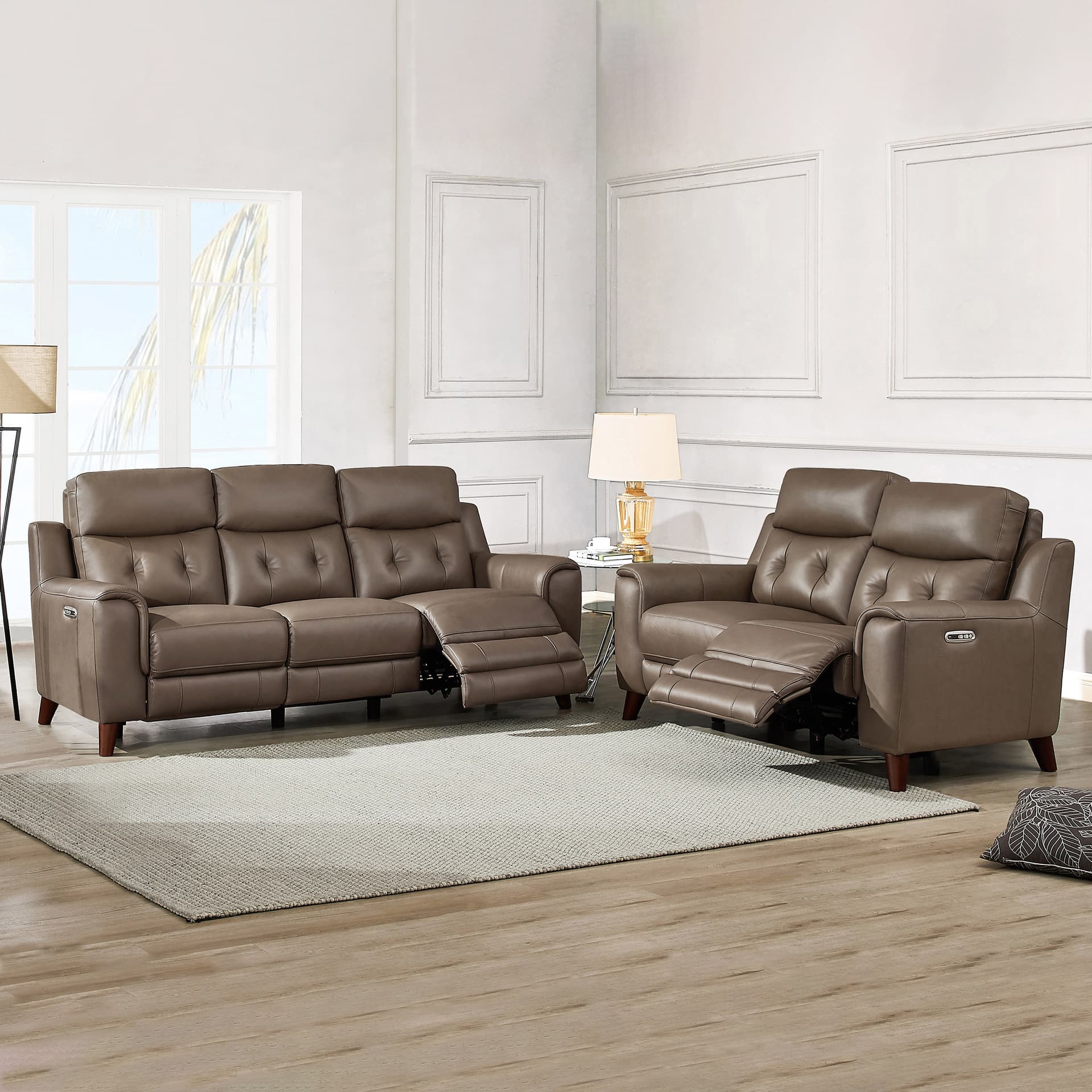 Malibu 2-piece Leather Power Reclining Set with Power Headrests – Sofa and Loveseat, Brown