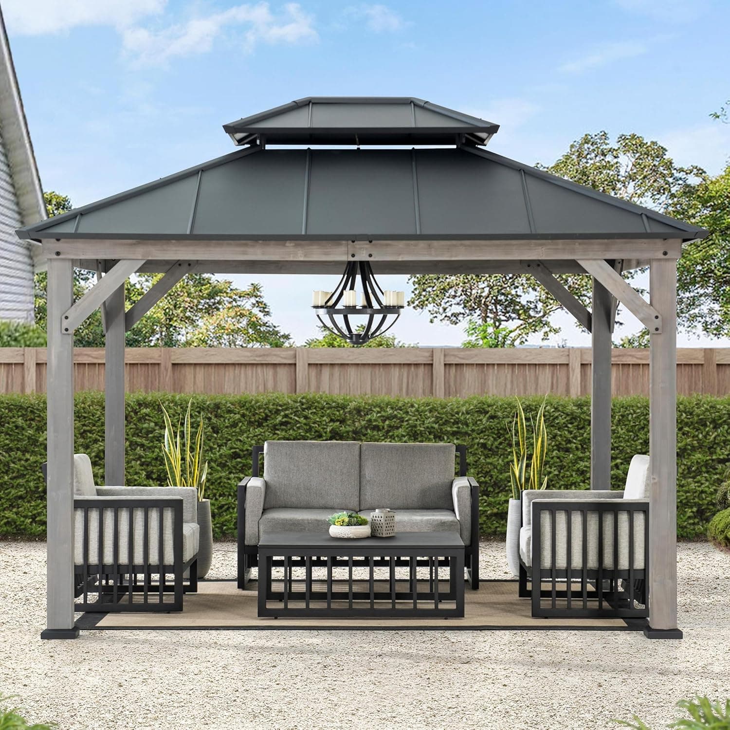 Sunjoy 10x12 Cedar Frame Hard Top Gazebo, Matte Black