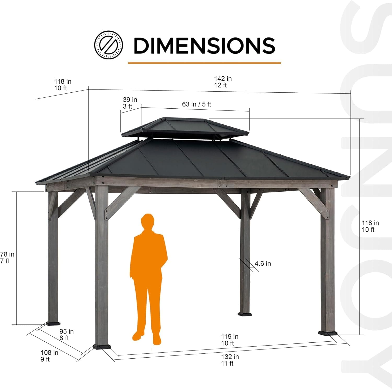 Sunjoy 10x12 Cedar Frame Hard Top Gazebo, Matte Black image 3