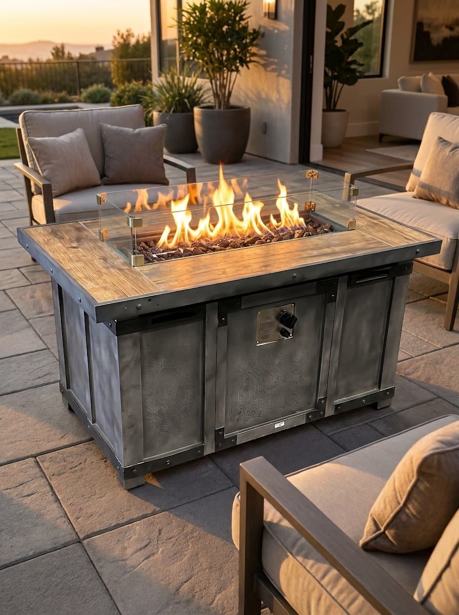 Outdoor Steel Fire Pit Table, Wood Finish